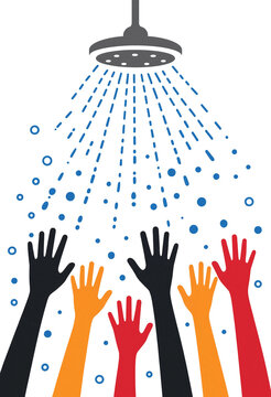 Flat vector illustration of colorful human hands reaching up towards a shower head with flowing water and bubbles on white background