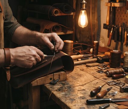 Leather worker hands sewing a black leather piece in the workshop