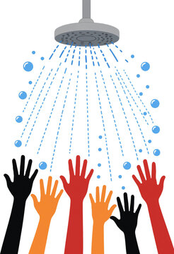 A colorful illustration depicting many human hands raised up towards a shower head representing diversity unity community and the refreshing feeling of water