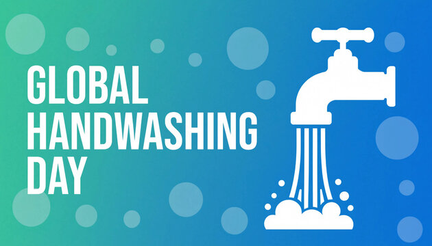 Global Handwashing Day conceptual illustration featuring a white water tap icon with flowing water and text on a soft blue gradient background