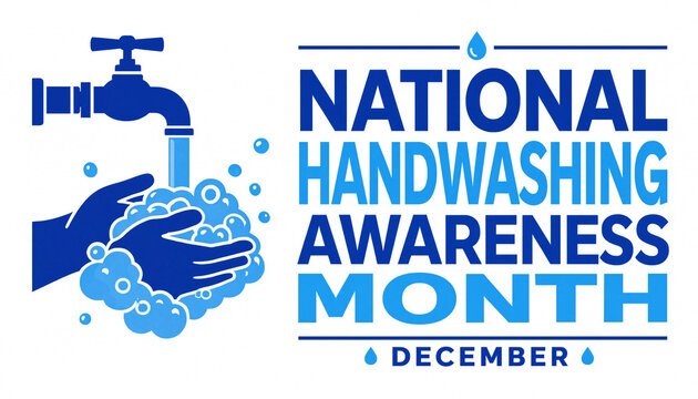 National Handwashing Awareness Month concept with blue silhouette of hands washing under a water tap faucet and clean bubbles illustration graphic