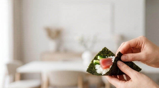 Making Temaki Sushi: Hands Rolling Raw Fish and Rice in Nori Seaweed in a Modern Kitchen with Copy Space