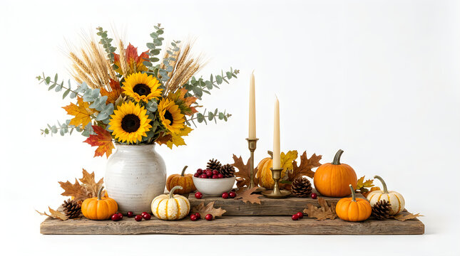 Autumn centerpiece arrangement featuring sunflowers in a vase, pumpkins, candles, and fallen leaves on a wooden board.