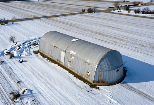 Agriculture and rural development, metal quonset hut storage building in a snowy farm field during winter season with aerial view of rural landscape