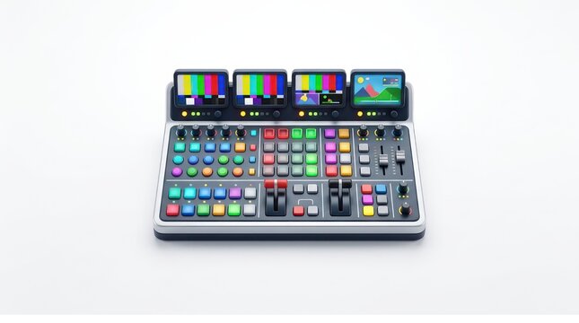 Professional video production switcher console with color screens
