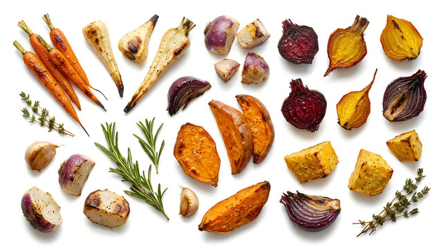 Roasted root vegetables including carrots, beets, sweet potatoes, and parsnips are scattered across a white background.