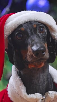 A black and tan dachshund dog wears a red and white santa hat and costume, looking around near a christmas tree with a blue ornament, a festive holiday pet concept.