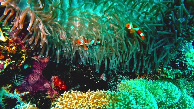 Clownfish swimming among soft tentacles of sea anemone on coral reef underwater in Indonesia