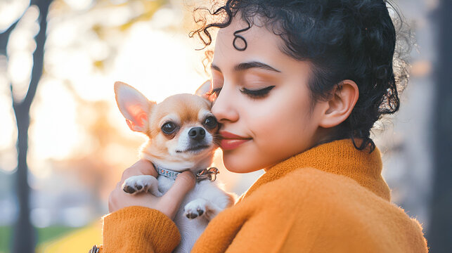 Young woman with curly hair holding a small dog in a park during sunset with warm lighting
