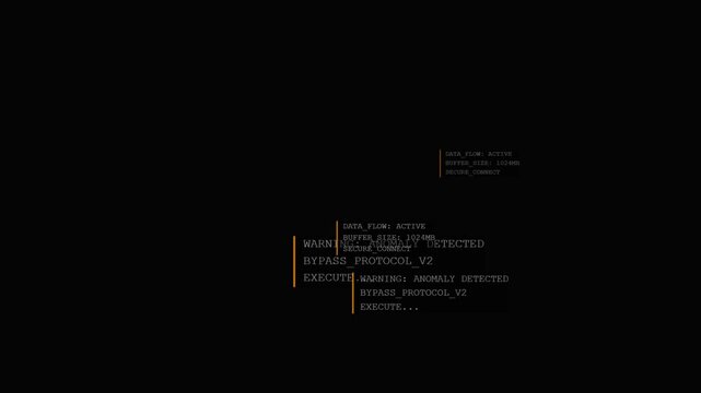 Quantum computing glitch hud display with orange terminal text