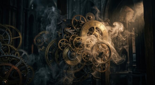 Intricate brass clockwork gears with golden finish, enveloped in atmospheric smoke, representing steampunk machinery and the passage of time.