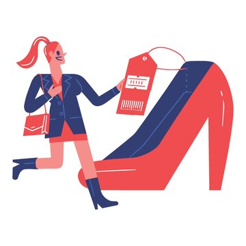 Cute animated happy cartoon shopping girl promotes stylish shoes during a special price footwear sale