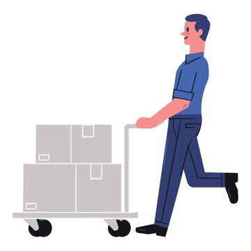 Cute animated cartoon delivery worker pushes a trolley loaded with boxes for shipping and order fulfillment