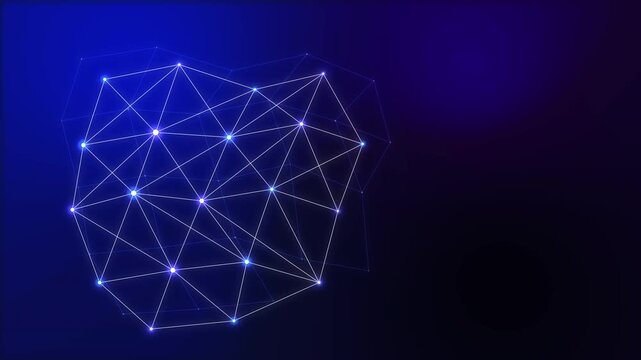 Abstract glowing digital network structure with connecting nodes and lines on dark blue gradient background, motion graphic loop