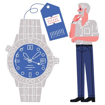 Cute animated cartoon man checks a wristwatch featured in a special price promotional retail sale