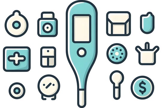 Digital medical thermometer vector illustration flat set medical health care tools isolated on white background