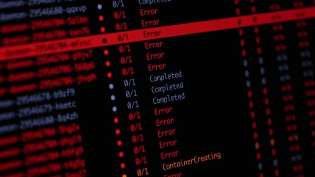 A software terminal interface displays multiple process failures and system errors during cloud server deployment, highlighting critical infrastructure maintenance and debugging tasks