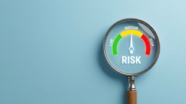Magnifying glass examining a risk assessment gauge meter on a blue background. Visual metaphor for financial analysis and strategic business planning.