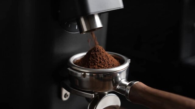 Fresh Coffee Beans Being Ground into Portafilter for Espresso Preparation and Commercial Beverage Production Video Footage