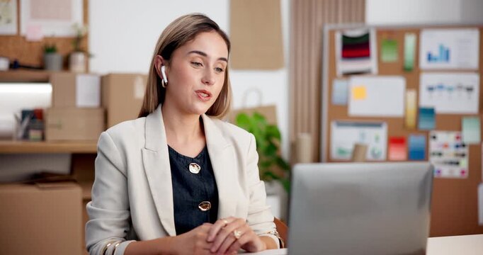 Logistics, laptop and woman in startup on video call with info, earpods and supplier interview. Shipping, tech and happy business person for dropshipping, supply chain and distribution communication