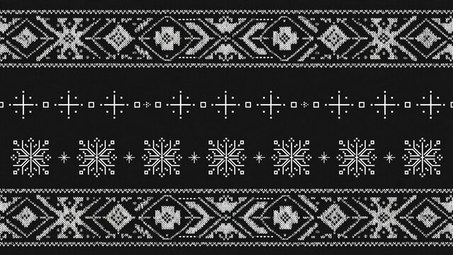 Monochrome minimalist Nordic knitted pattern on black background with white snowflakes and geometric borders