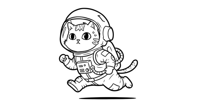 A cute astronaut cat running forward with enthusiasm on a white background