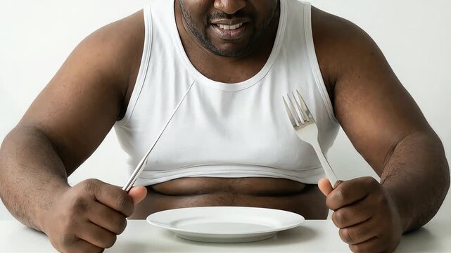 A man waits for his meal, knife and fork in front of an empty plate.