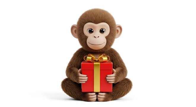 Adorable furry chimpanzee holds a festive present on white background