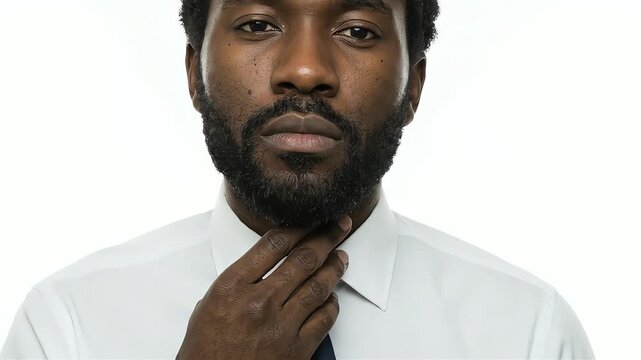 A businessman with his hand on his beard and throat, deep in thought.