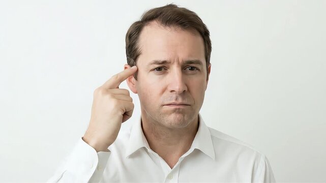 A businessman with his fingers on his temples deep in thought.