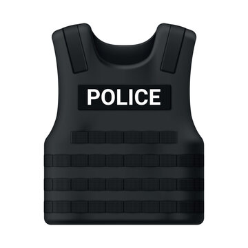 A black tactical body armor vest used by law enforcement officers for body protection.