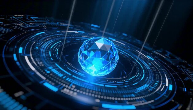 glowing blue crystal orb above holographic circuit ring platform