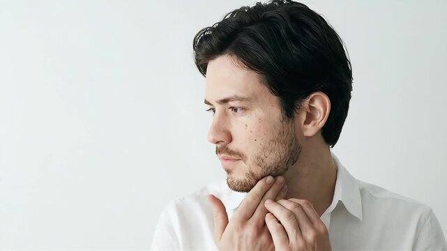A young man with his hands on his cheeks and chin, deep in thought.