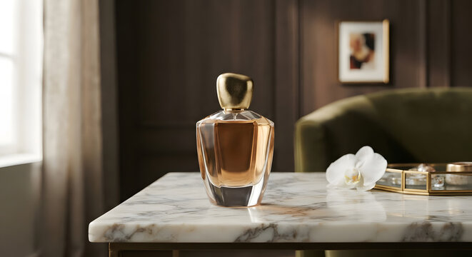 Elegant faceted perfume bottle on marble table