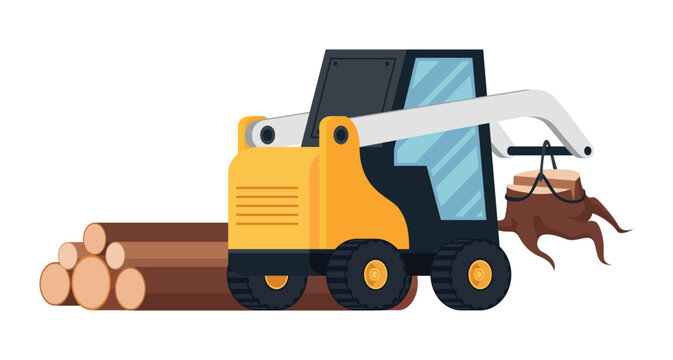 Illustration of a log loader or forwarder loading logs for transport, set against a white background. A concept depicting logging operations and the machinery used in timber harvesting.