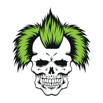 An illustration of a skull with green punk-style mohawks on a white background, for use as a graphic element in various design projects.