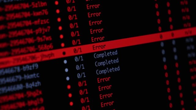 A computer monitor interface displaying a list of software processes with failed error status codes, representing system malfunction, critical cyber security threat or glitch. Zoom