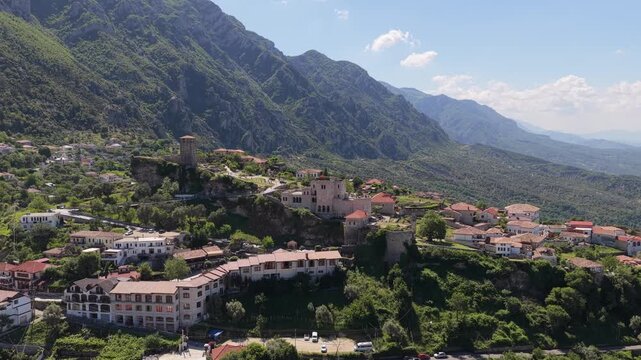 Aerial view of Kruja Castle Hammam in the mountains, Albania.