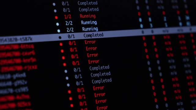A computer terminal display showing a list of tasks with running, completed, and error statuses during a complex server background process monitoring software system operation