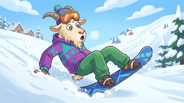 Funny cartoon goat snowboarding down a snowy winter hill