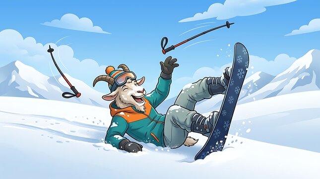 Funny cartoon goat falling while snowboarding on a winter mountain