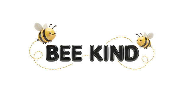 Motivational Bee Kind quote with adorable 3D cartoon honeybees and flying trail paths