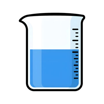 Glass beaker filled with blue liquid features measurement lines on a transparent background.