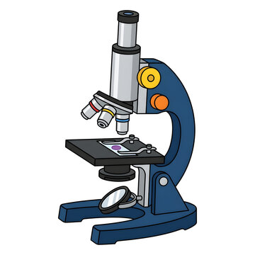Microscope graphic illustration features a blue scientific instrument isolated on a solid transparent background.