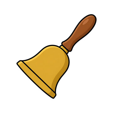 Golden hand bell vector illustration featuring a smooth wooden handle is set against a plain transparent backdrop.