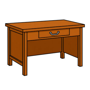 Wooden desk with a central drawer stands isolated against a plain transparent background.