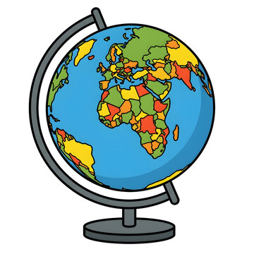 World globe standing on a desktop mount features colorful continents and oceans in a vector clip art illustration.
