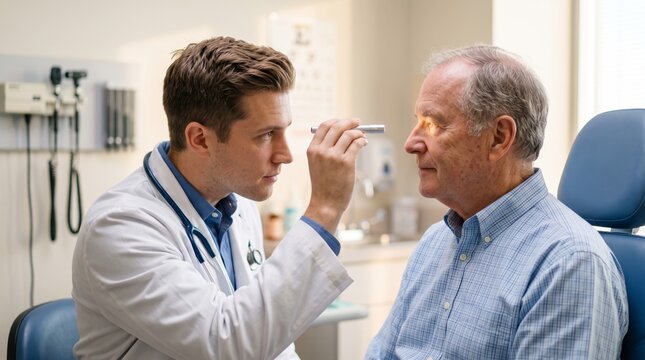 Young doctor examining a senior man's eyes with a penlight during a medical checkup in a modern clinic