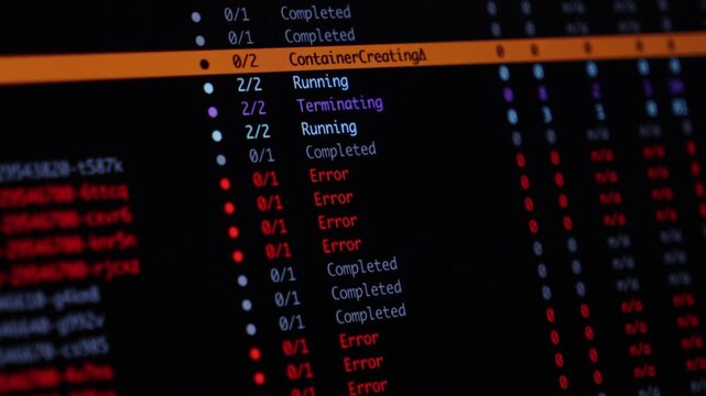Computer screen displaying cloud orchestration logs with server container status updates, conveying software development monitoring, technical debugging and digital infrastructure