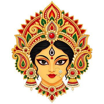 Durga Maa Face Vector Illustration Isolated on Solid White Background